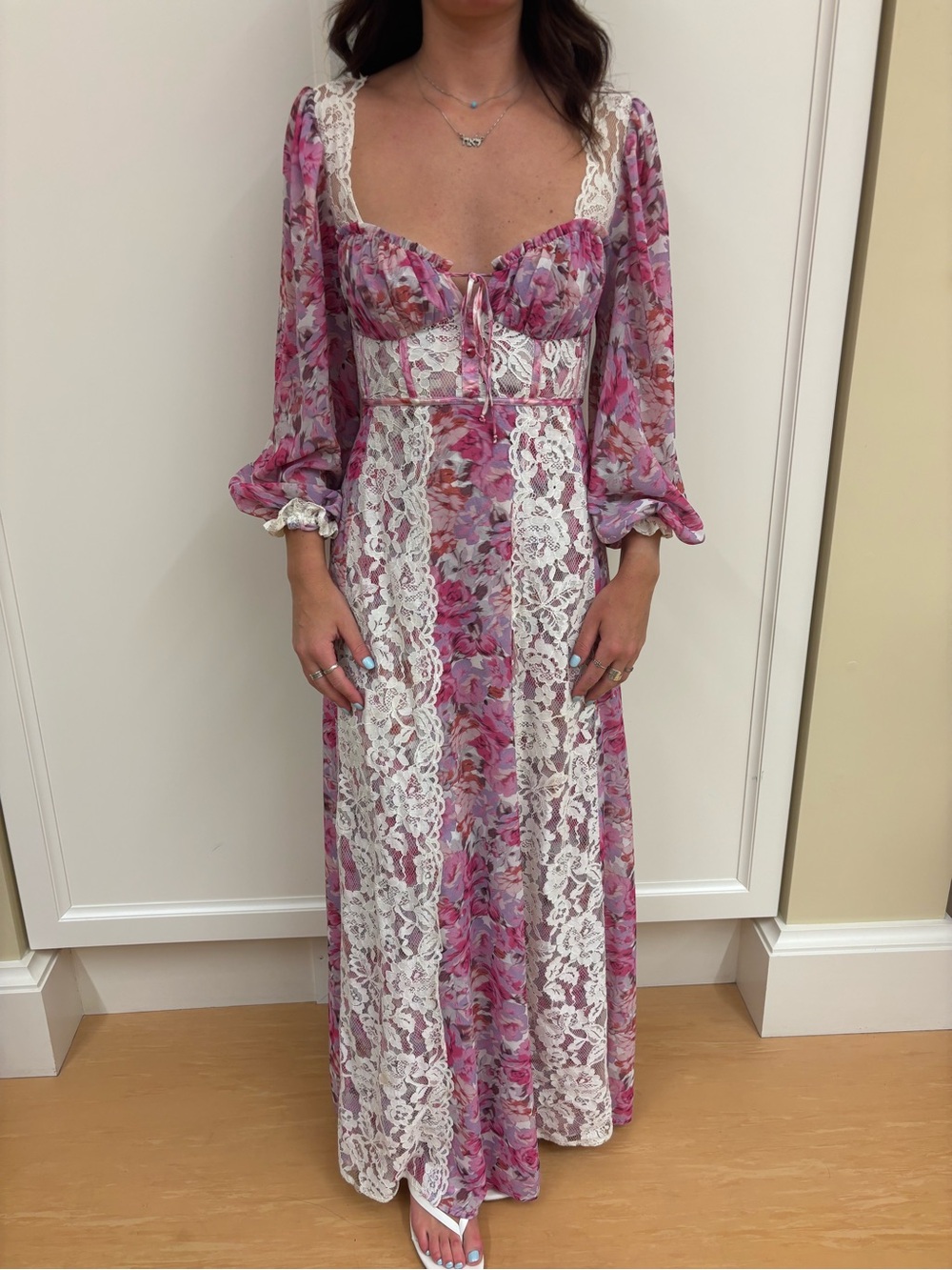 For Love & Lemons Pink Floral Lace Maxi Dress